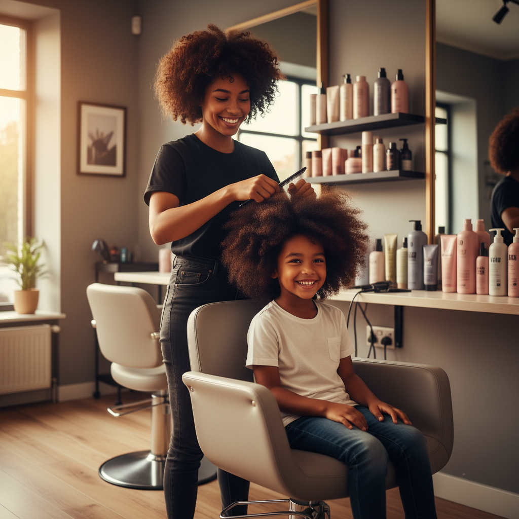Coiffeuse professionnelle prodiguant des soins capillaires à un enfant aux cheveux afro dans un salon chaleureux