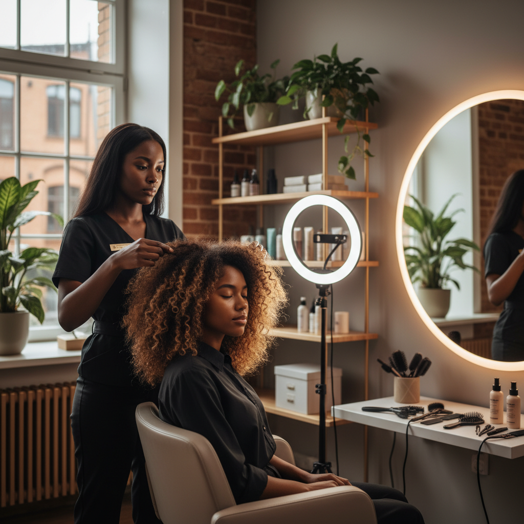 Coiffeuse professionnelle effectuant un diagnostic capillaire sur une cliente aux cheveux afro dans un salon moderne