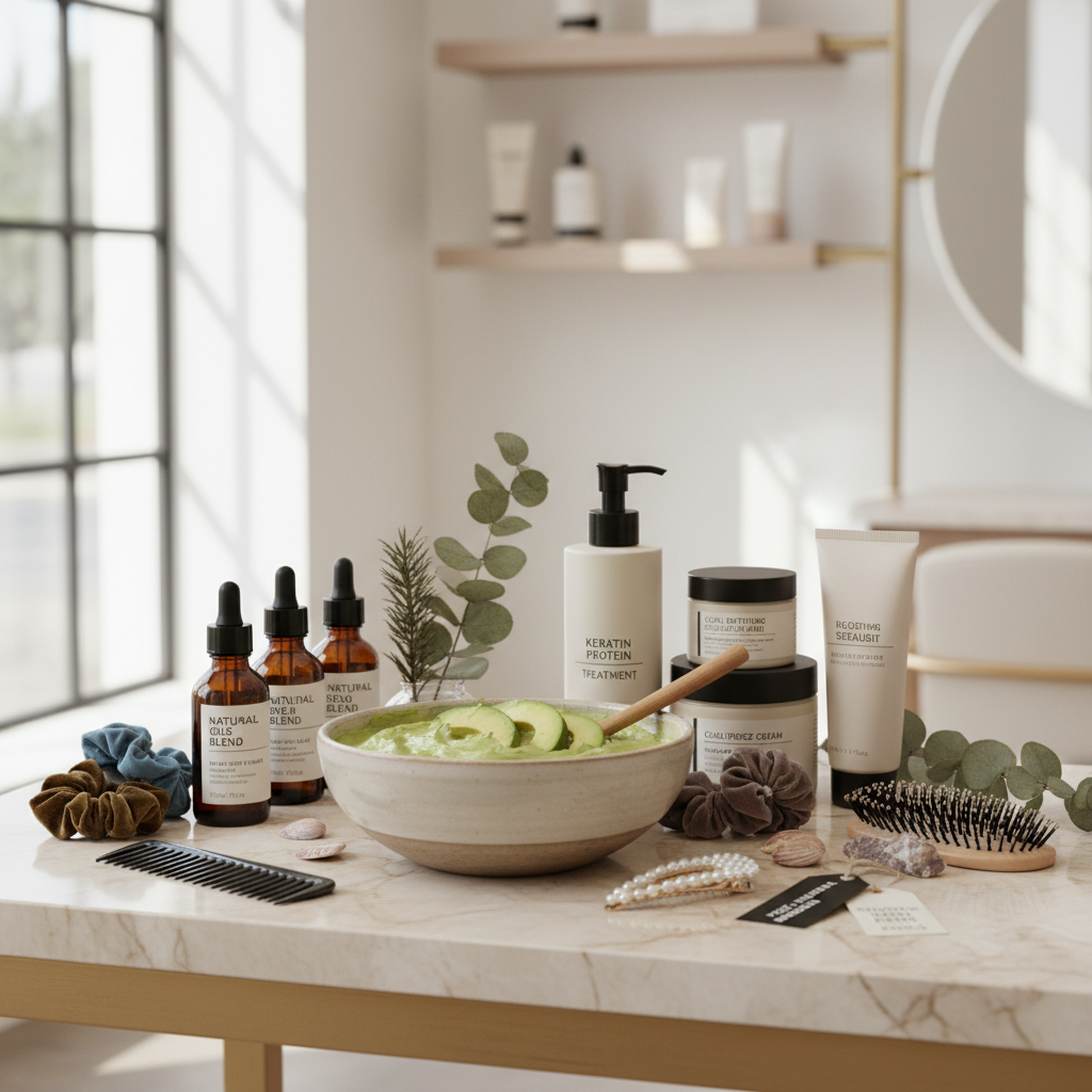 Gamme complète de produits de soins capillaires réparateurs disposés dans un salon professionnel