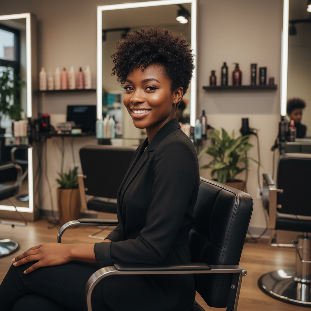Femme noire souriante avec une coupe pixie asymétrique moderne dans un salon de coiffure professionnel