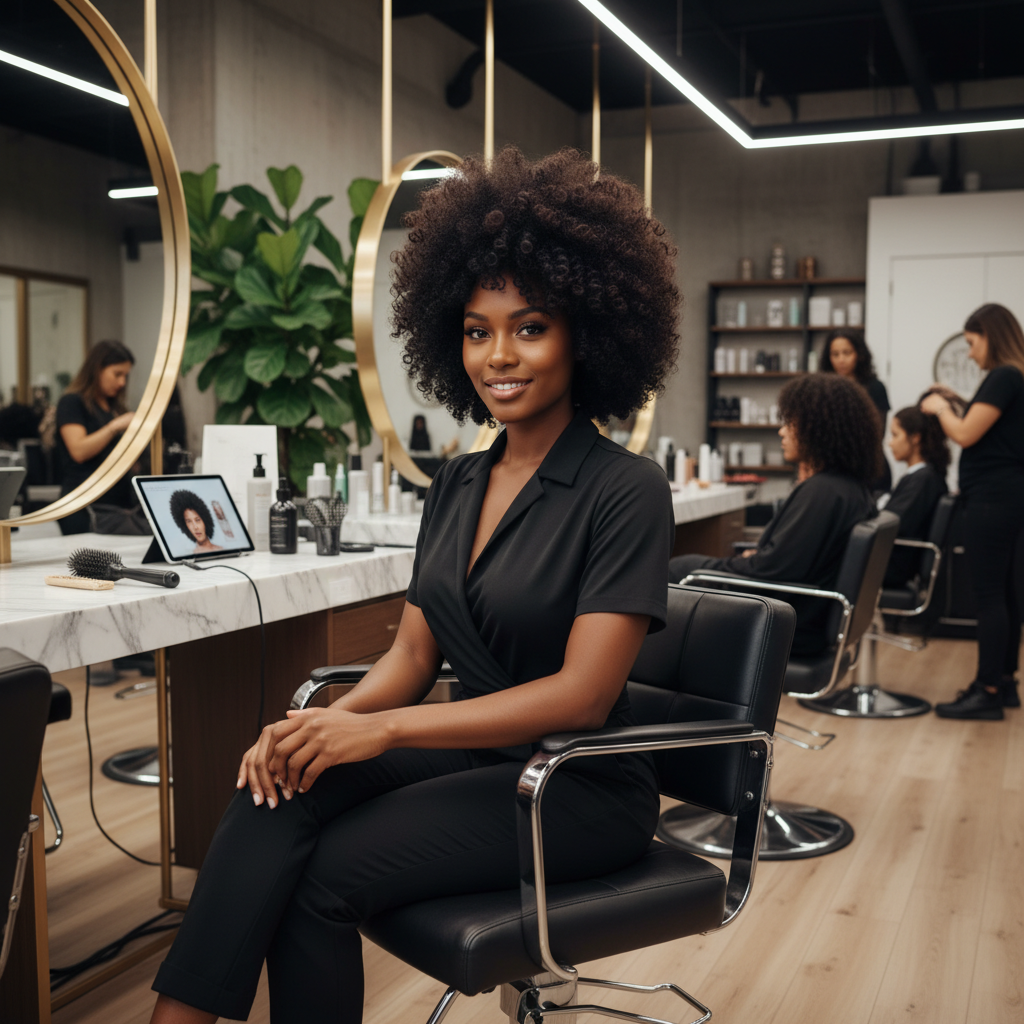 Femme avec une coiffure afro volumineuse et moderne dans un salon de coiffure haut de gamme
