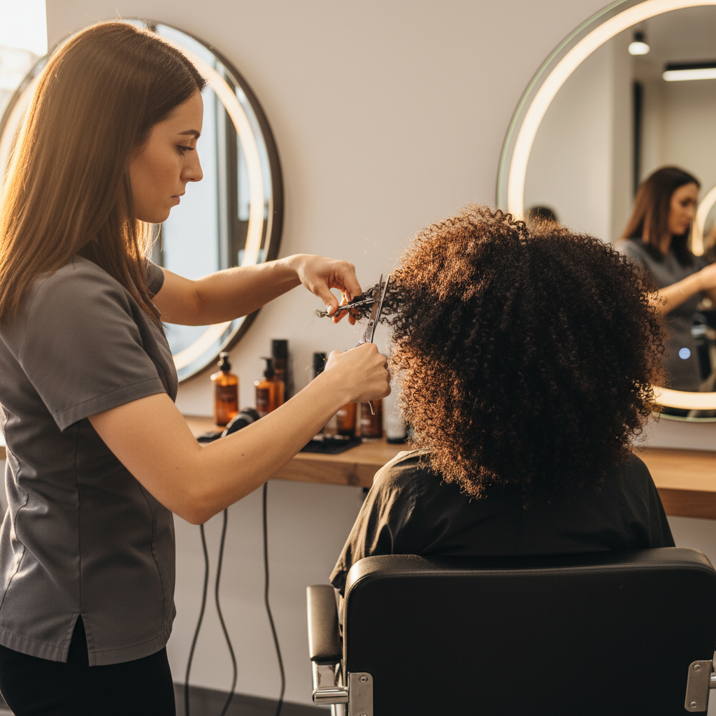 Coiffeuse professionnelle coupant les pointes d'une chevelure afro dans un salon spécialisé