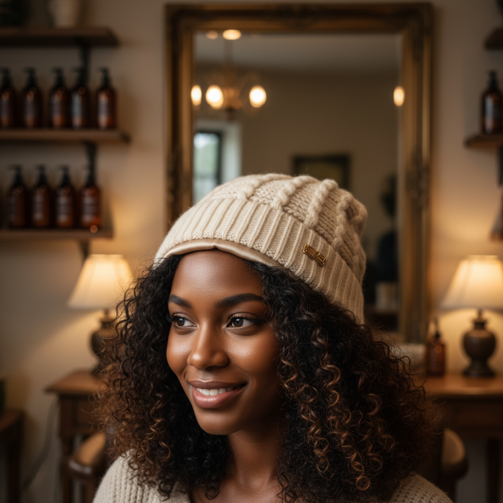 Femme aux cheveux afro portant un bonnet doublé satin pour protéger ses cheveux en hiver