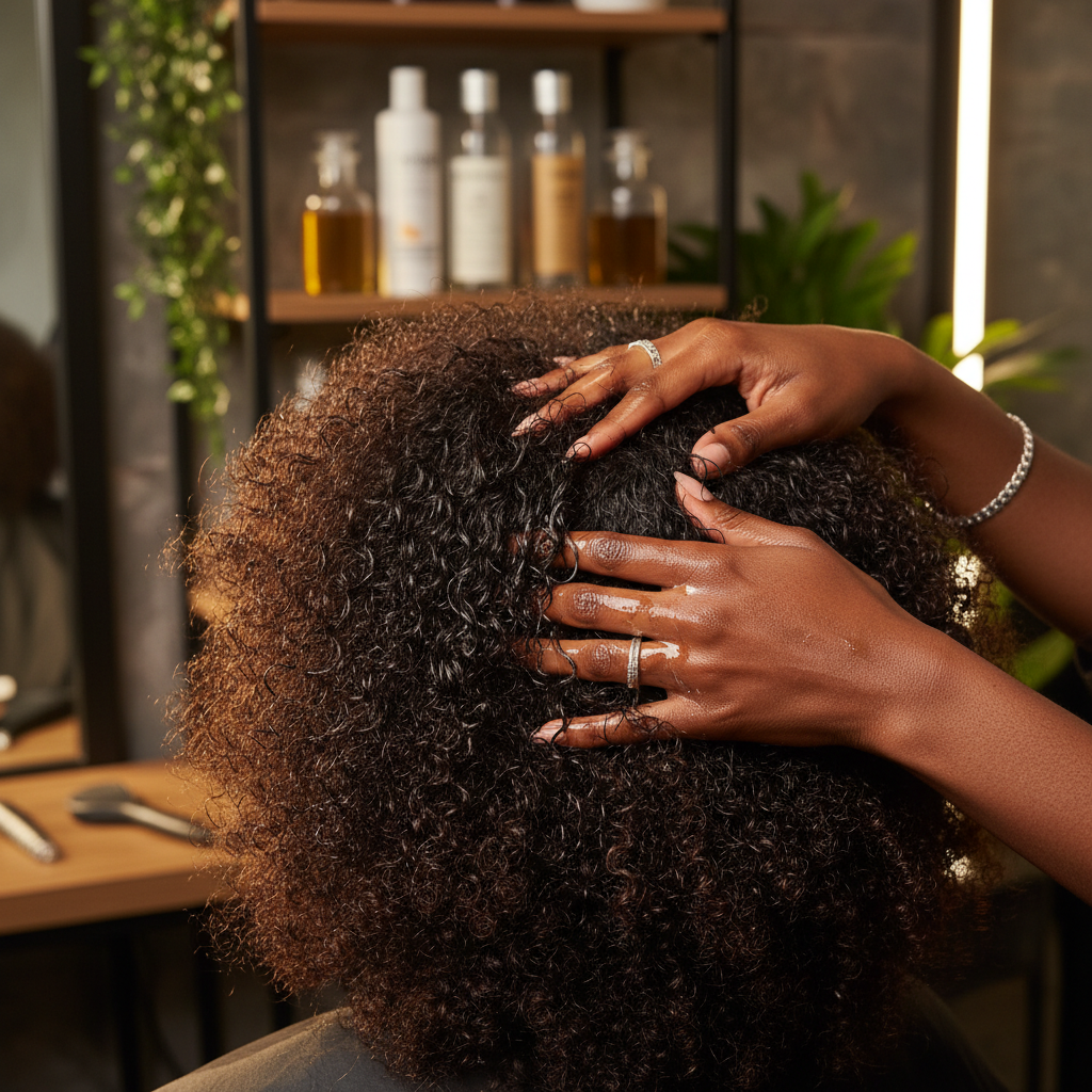 Application d'huiles naturelles sur cheveux afro pour une hydratation en profondeur