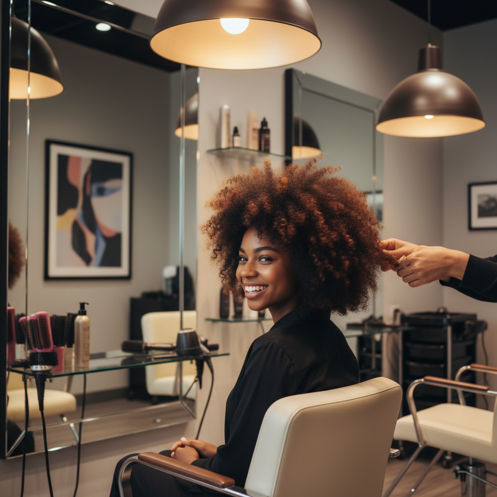 Femme avec une coiffure afro voluminouse dans un salon de coiffure professionnel