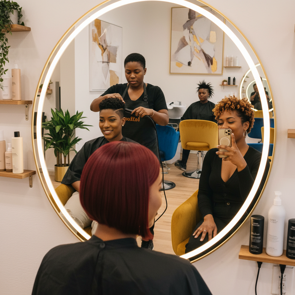 Plusieurs femmes avec des coupes courtes modernes dans un salon de coiffure