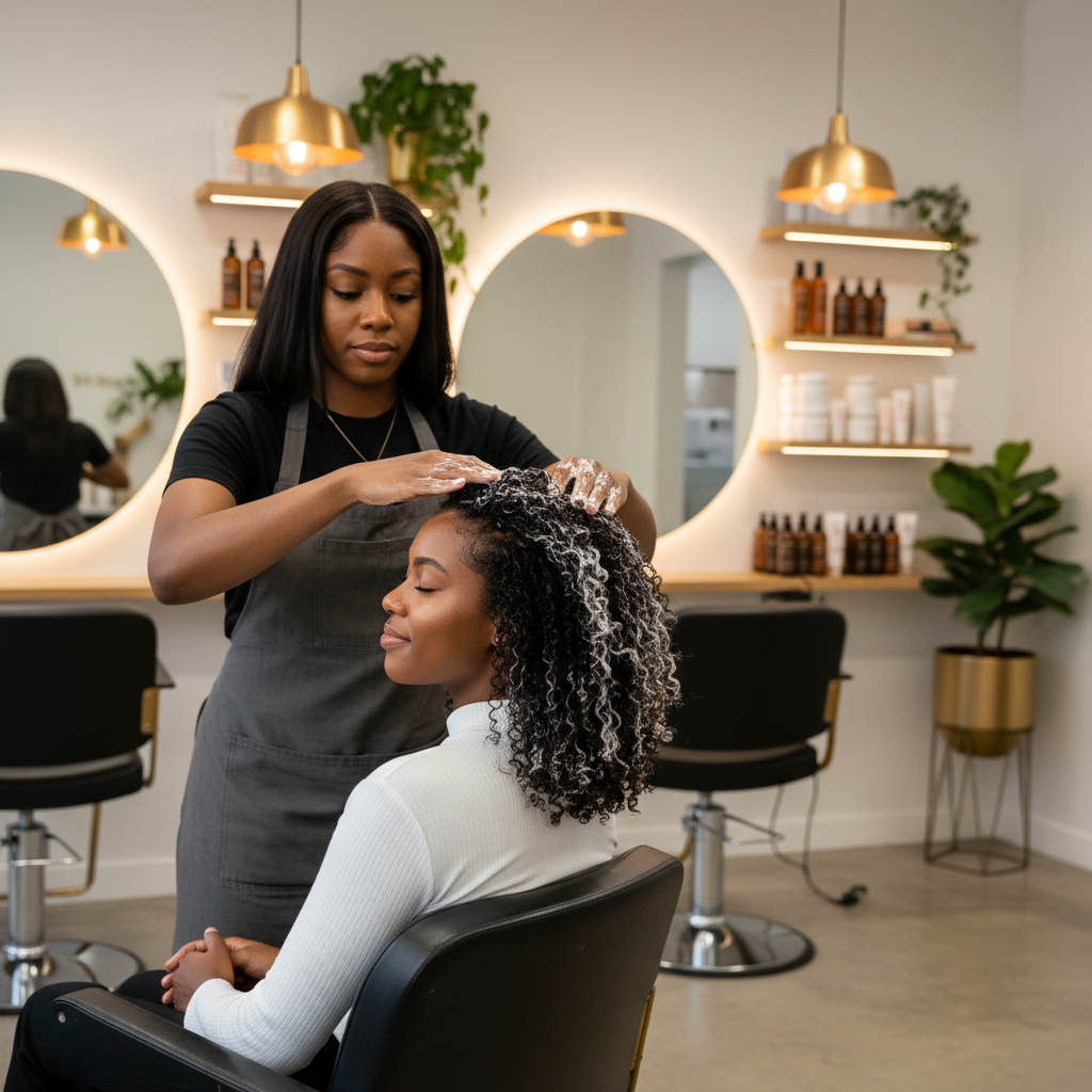 Coiffeuse appliquant une crème hydratante sur les cheveux crépus d'une cliente dans un salon de coiffure professionnel