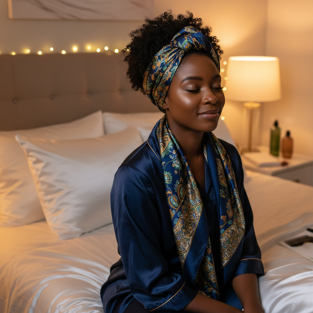 Femme portant un foulard en soie pour protéger ses cheveux crépus pendant le sommeil sur des taies d'oreiller en satin