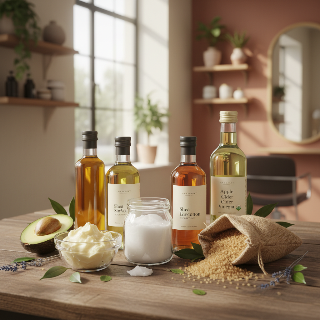 Ingrédients naturels disposés sur une table : beurre de karité, huile de coco, huiles végétales et vinaigre de cidre pour soins capillaires afro maison
