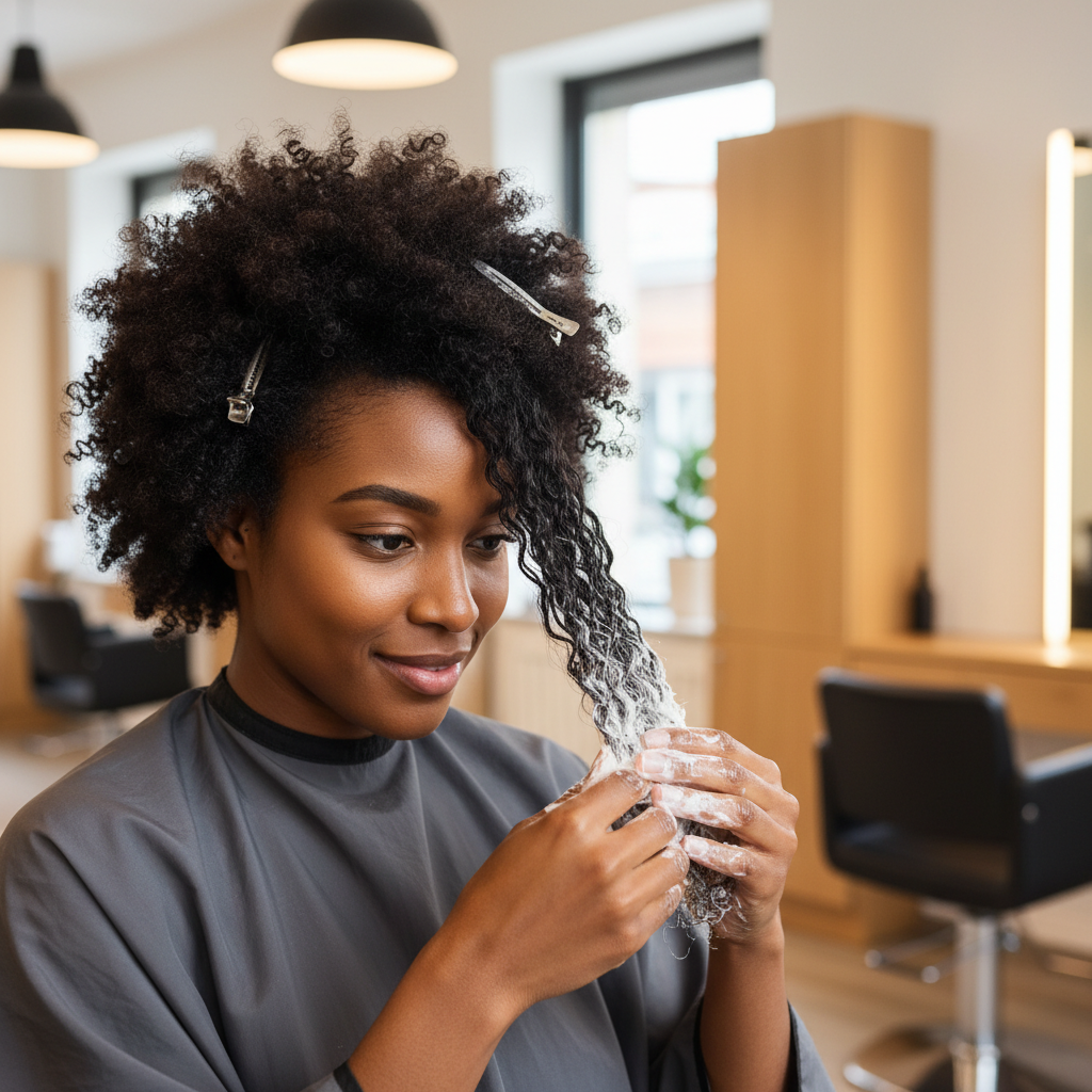 Femme aux cheveux afro appliquant délicatement un masque capillaire fait maison avec ses mains dans un salon de coiffure moderne