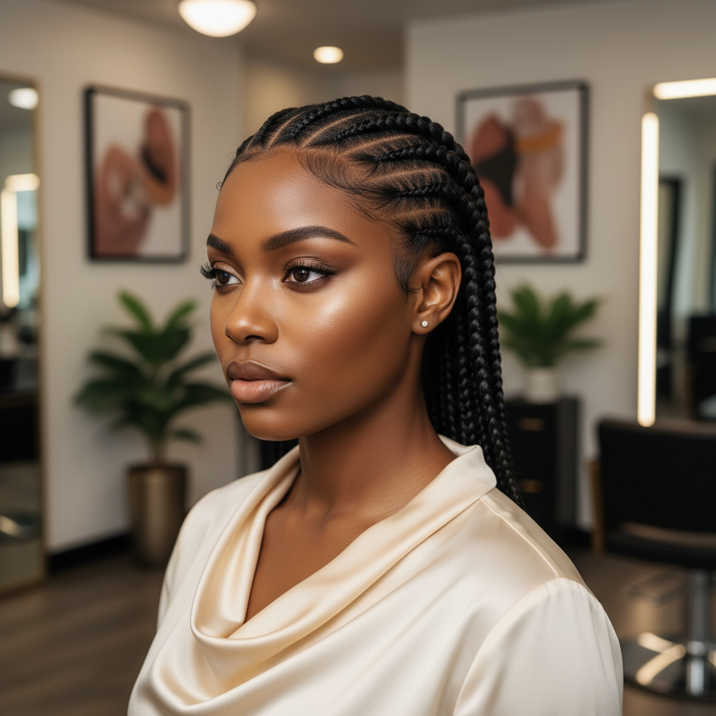 Femme noire avec des tresses cornrows géométriques dans un salon de coiffure professionnel