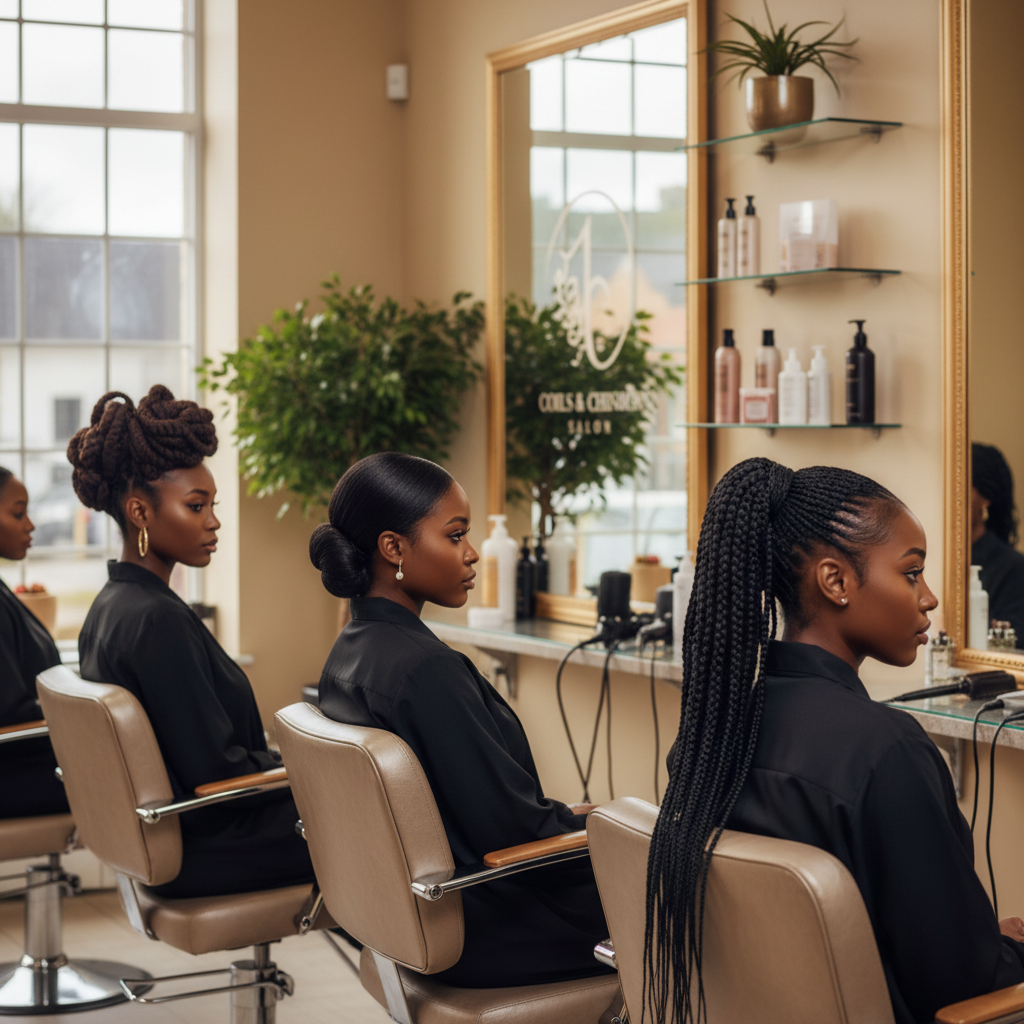 Collection de coiffures protectrices variées présentées dans un salon de coiffure afro