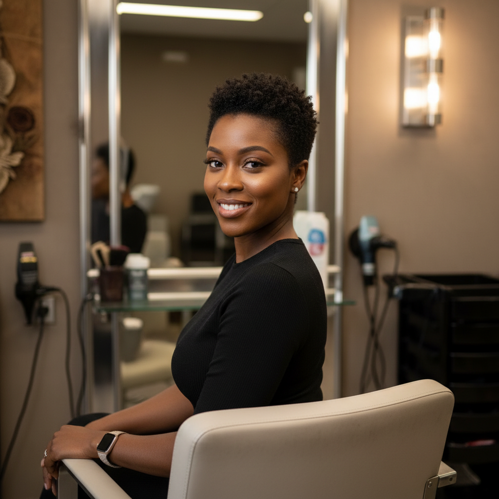Femme souriante avec une coupe courte élégante dans un salon de coiffure professionnel