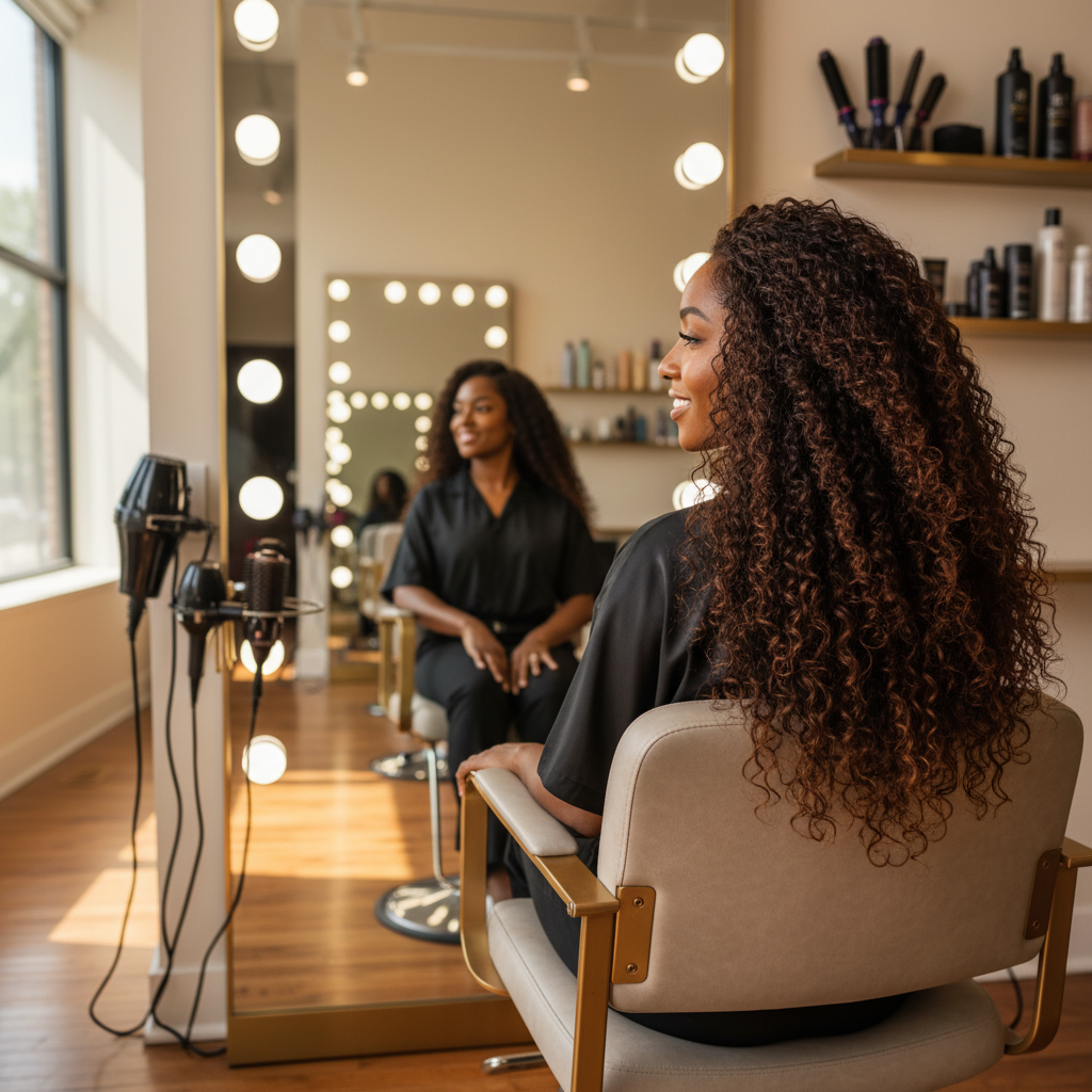 Femme avec de longs cheveux texturés naturels dans un salon de coiffure moderne