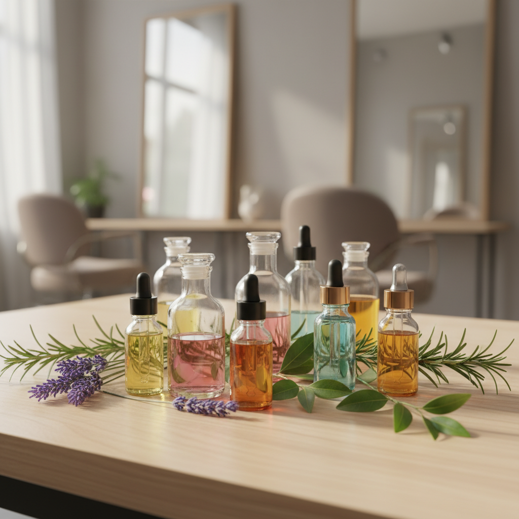 Flacons d'huiles essentielles disposés avec des plantes fraîches de lavande et romarin dans un salon de coiffure