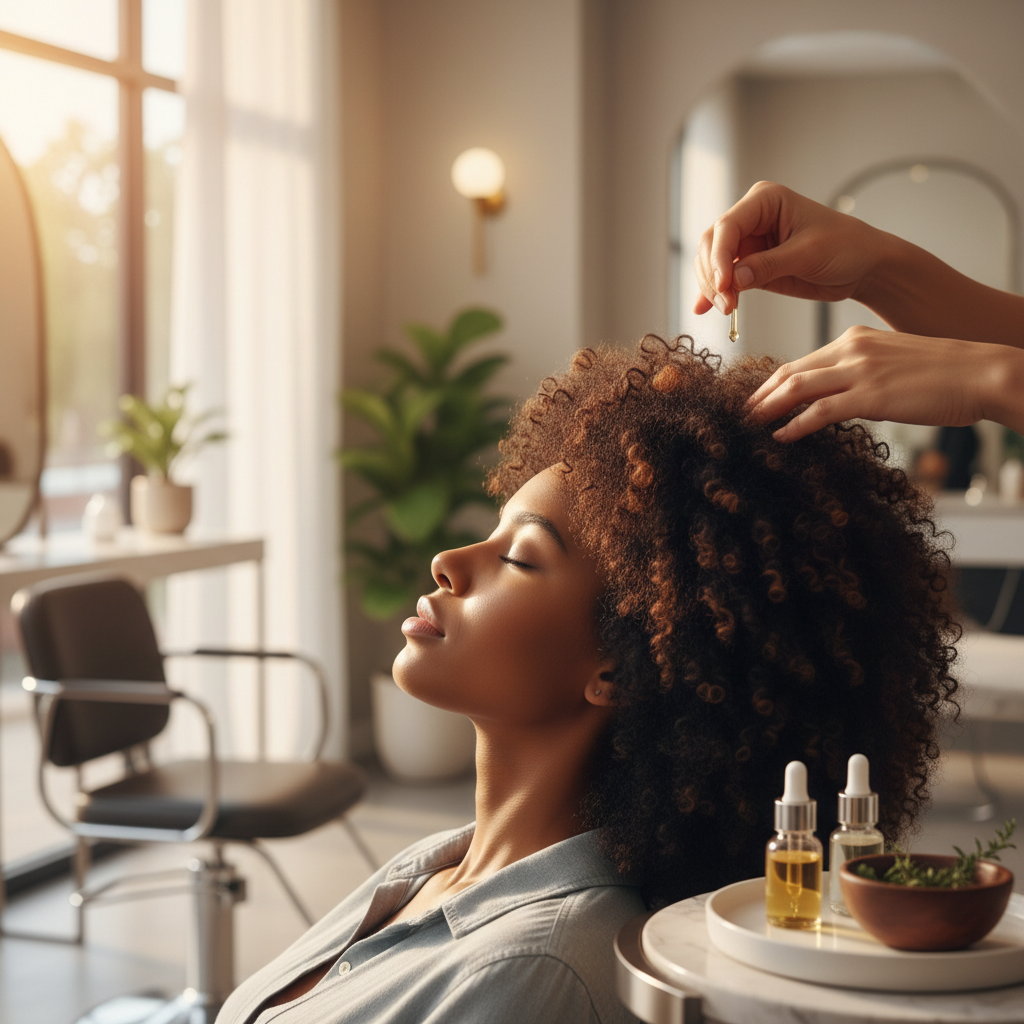 Femme aux cheveux afro recevant un massage du cuir chevelu aux huiles essentielles dans un salon de coiffure professionnel