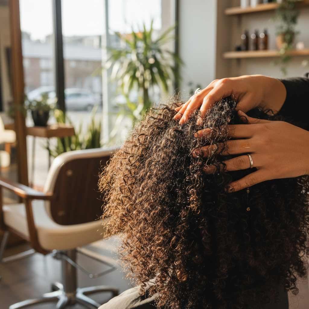 Coiffeuse appliquant de l'huile naturelle sur des cheveux afro texturés pour les hydrater