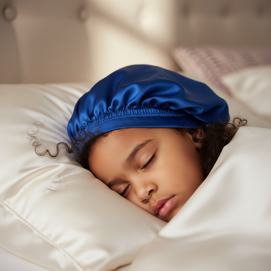 Enfant dormant sur une taie d'oreiller en satin pour protéger ses cheveux bouclés