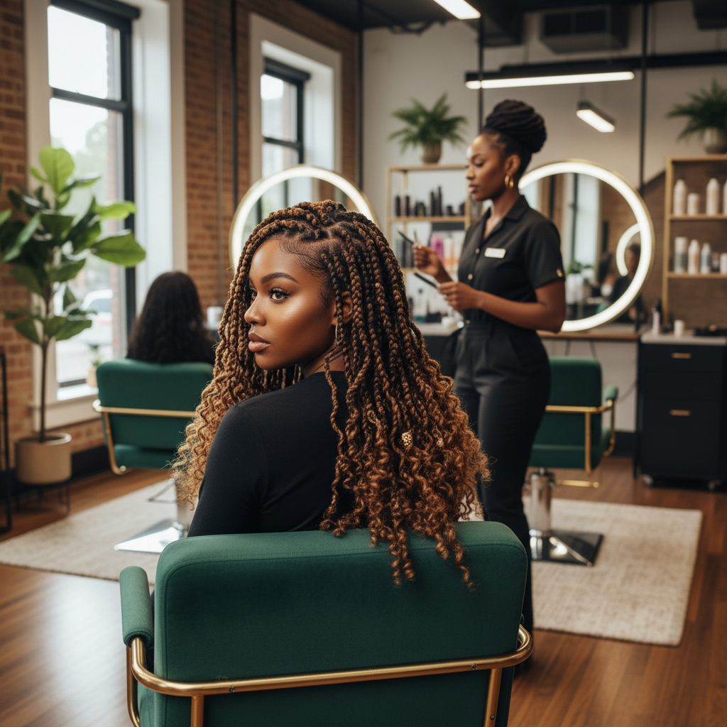 Femme avec coiffure vanilles torsadées ornées d'accessoires dorés dans un salon professionnel