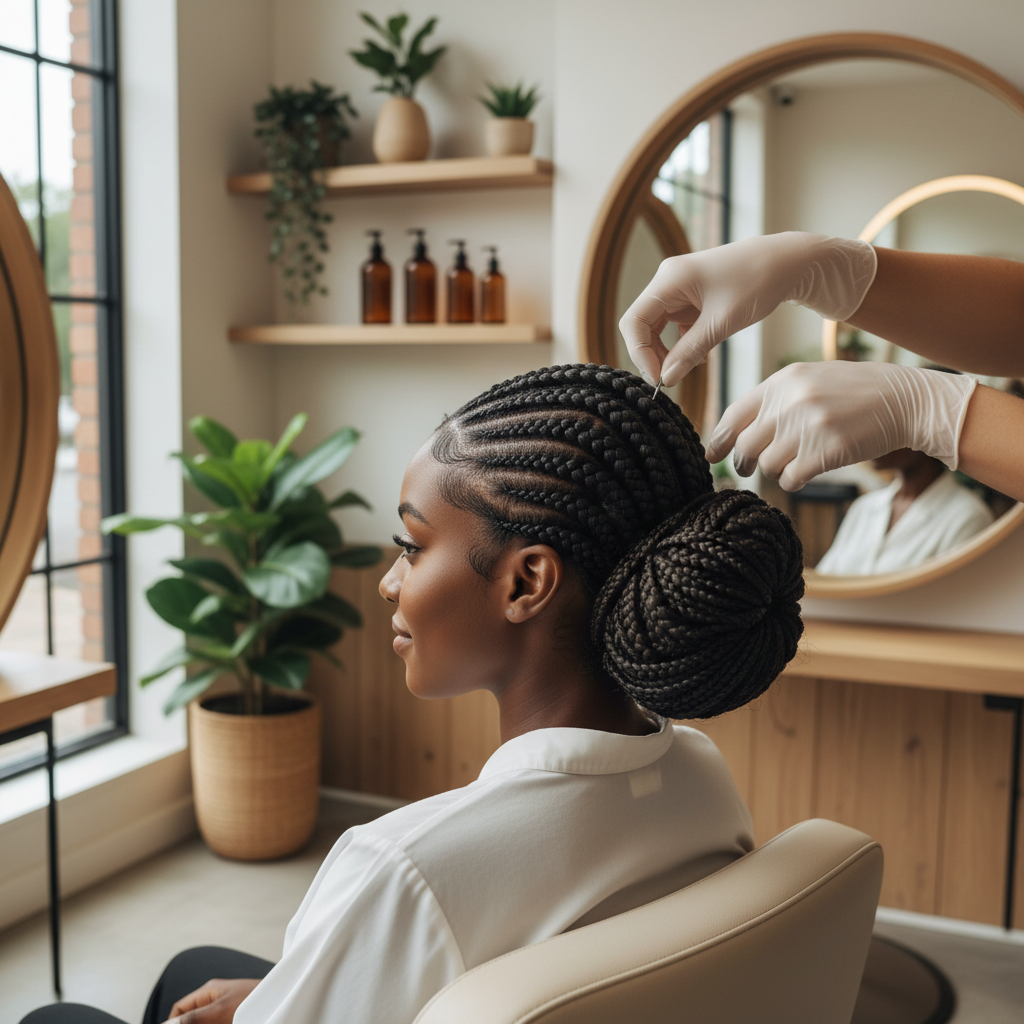 Femme avec tresses protectrices et chignon bas dans un salon de coiffure haut de gamme
