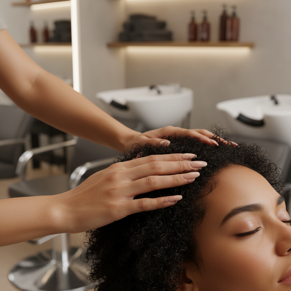 Massage professionnel du cuir chevelu sur cheveux afro dans un salon de coiffure