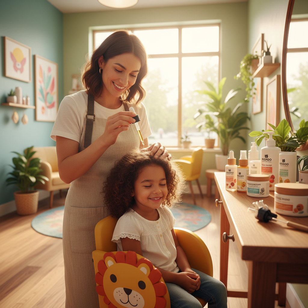 Coiffeuse appliquant des soins naturels sur le cuir chevelu d'un enfant