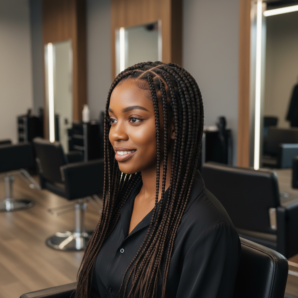Jeune femme avec des box braids dans un salon de coiffure professionnel