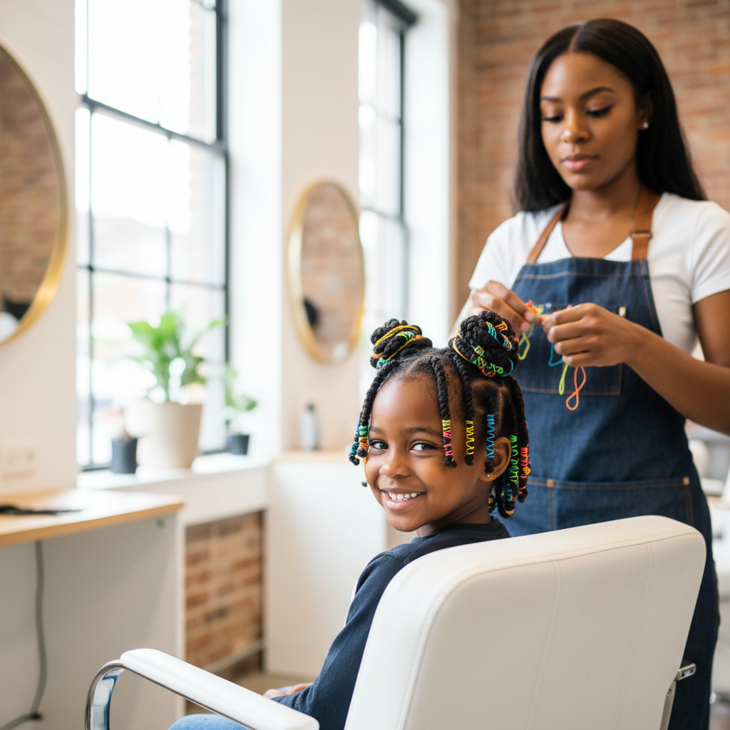 Enfant avec des twists colorés dans un salon de coiffure spécialisé