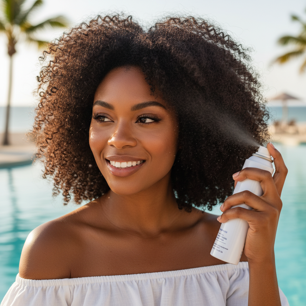 Femme appliquant un spray protecteur UV sur ses cheveux bouclés naturels en été