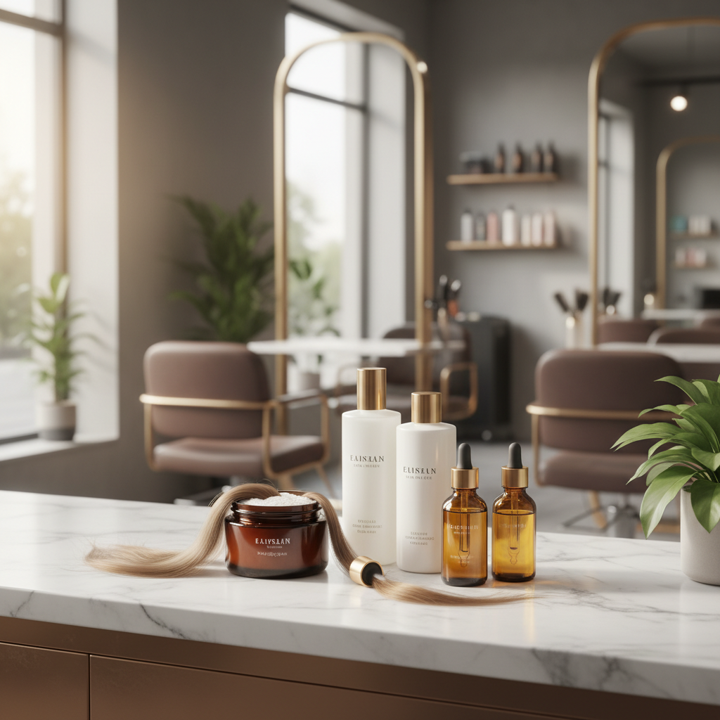 Gamme de produits capillaires professionnels disposés sur un plan de travail de salon de coiffure