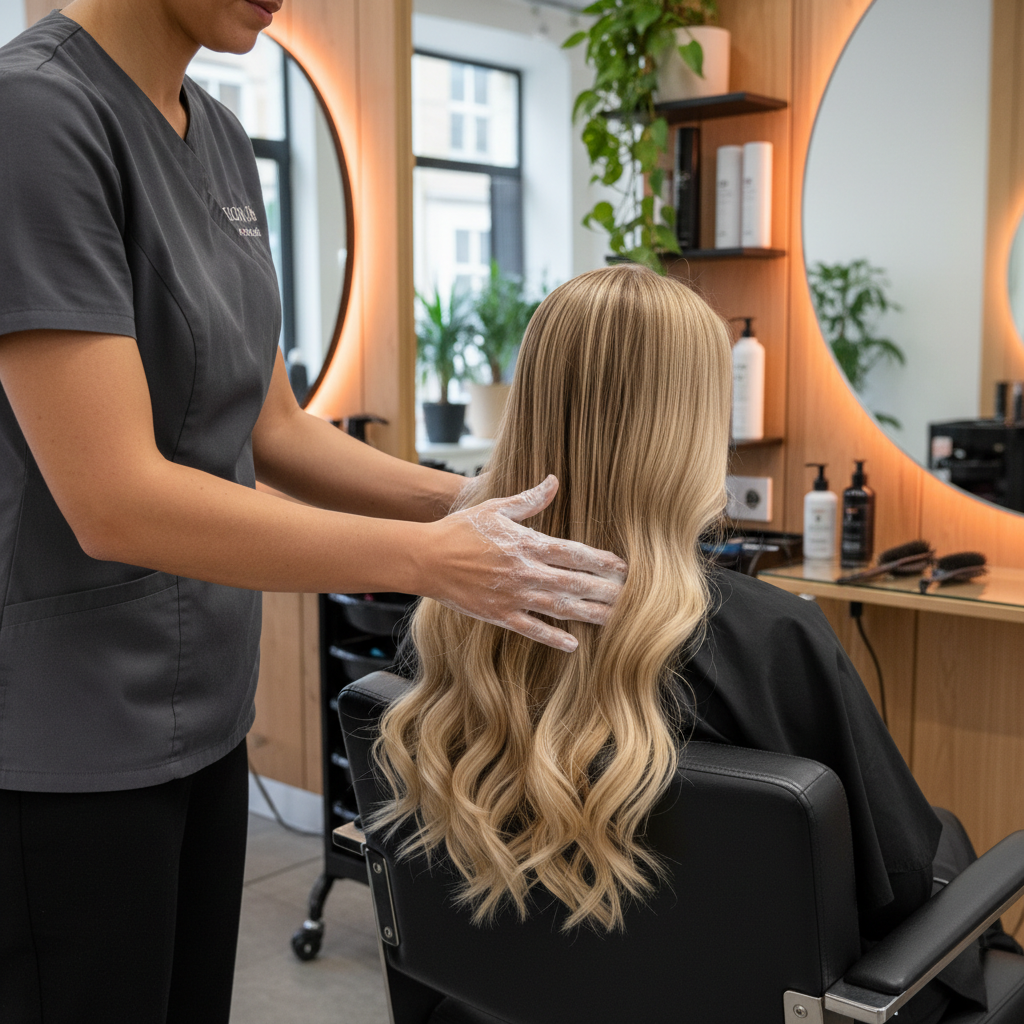 Coiffeuse professionnelle appliquant un soin masque sur des cheveux caucasiens dans un salon moderne