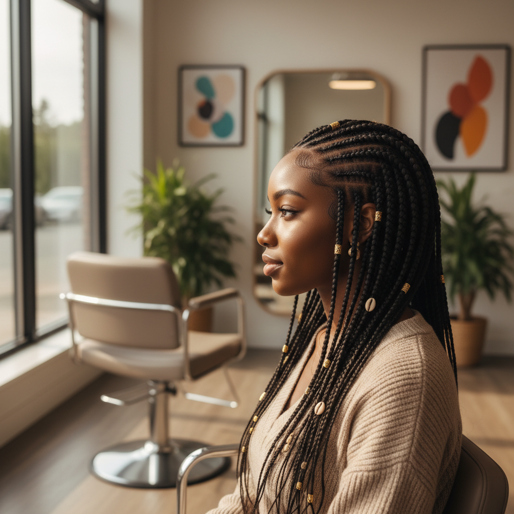 Femme aux cheveux afro avec des tresses africaines géométriques dans un salon de coiffure moderne