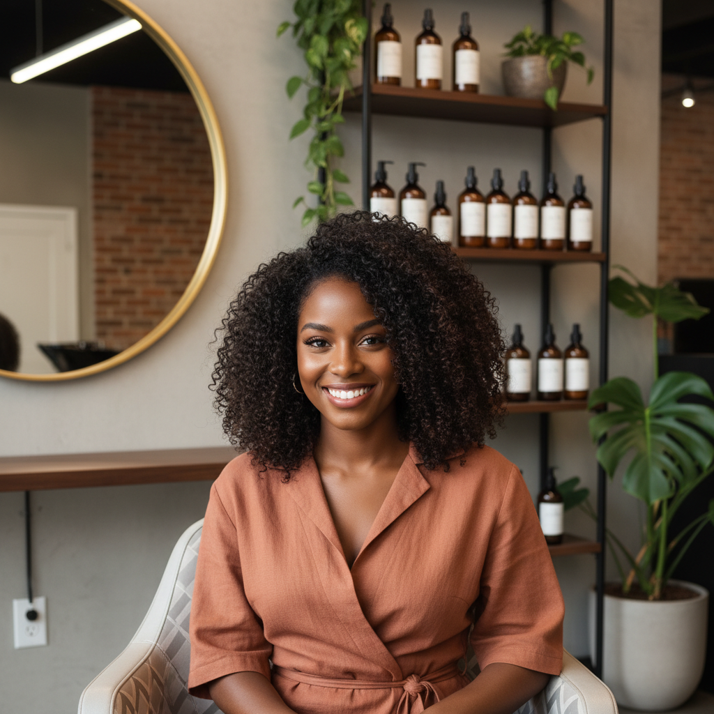 Femme souriante avec des cheveux crépus naturels en wash and go dans un salon de coiffure