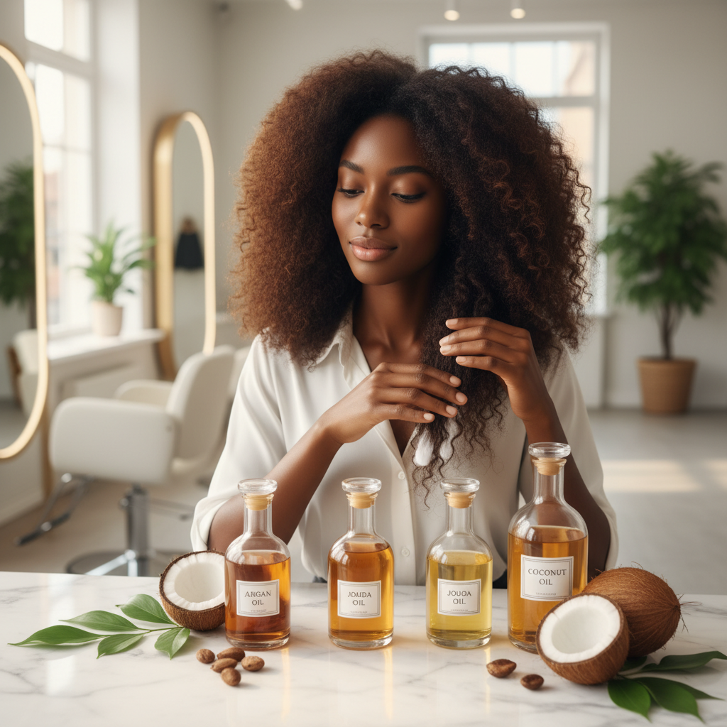 Femme appliquant des huiles naturelles sur ses cheveux afro texturés dans un salon de coiffure professionnel
