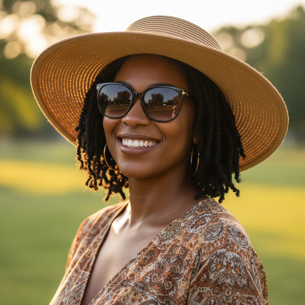 Femme aux cheveux afro protégeant ses cheveux du soleil avec un chapeau à large bord