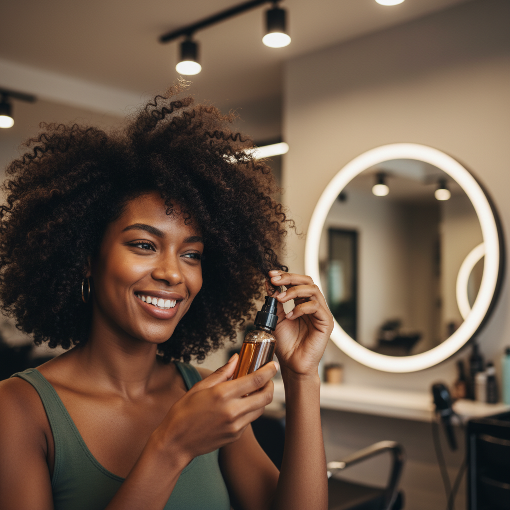 Femme afro appliquant un sérum lissant sur ses cheveux bouclés naturels dans un salon de coiffure