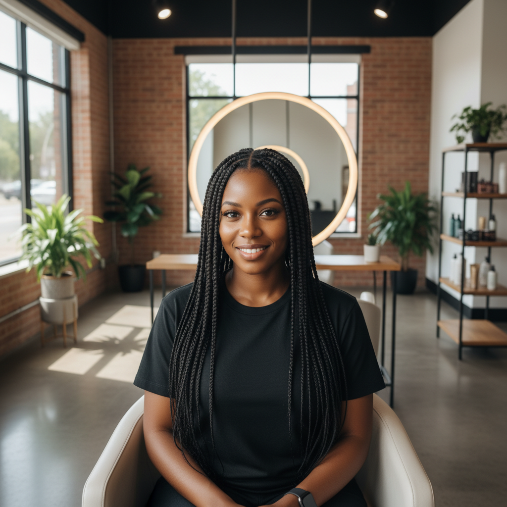 Femme noire avec des tresses box braids dans un salon de coiffure professionnel