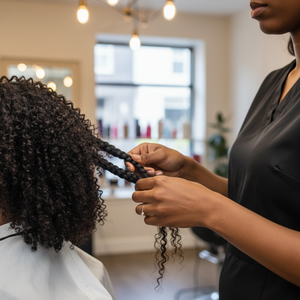 Mains de coiffeuse réalisant des twists protecteurs sur cheveux naturels texturés