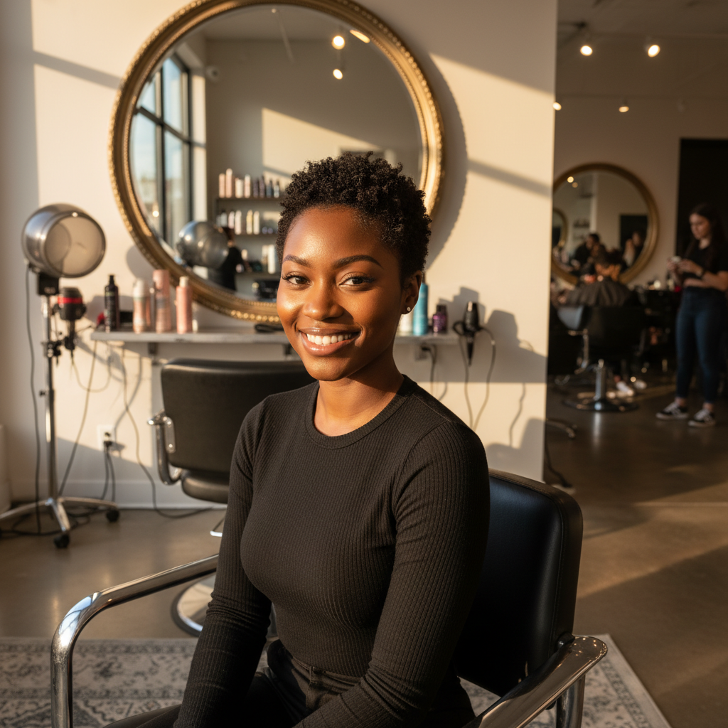 Femme noire souriante avec une coupe courte texturée dans un salon de coiffure professionnel