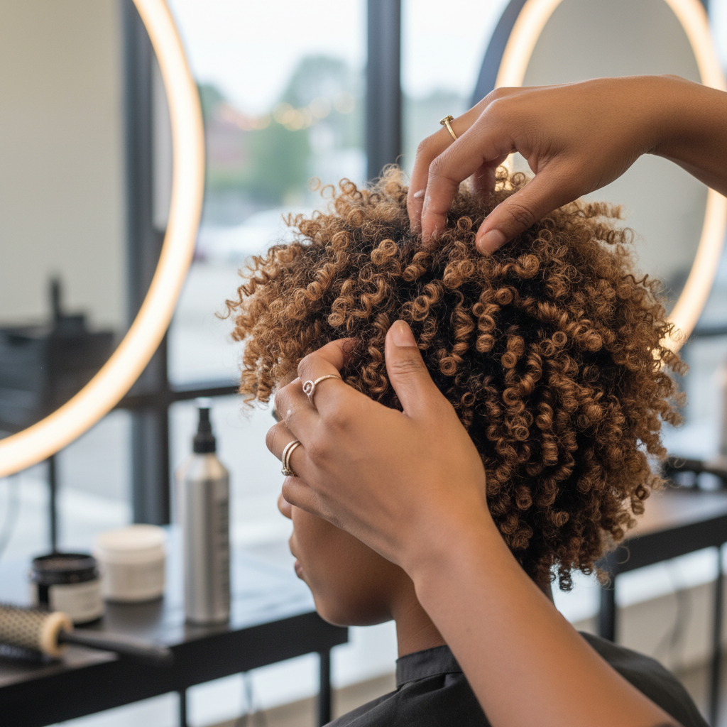 Coiffeuse professionnelle stylisant des cheveux courts texturés pour révéler leur volume naturel