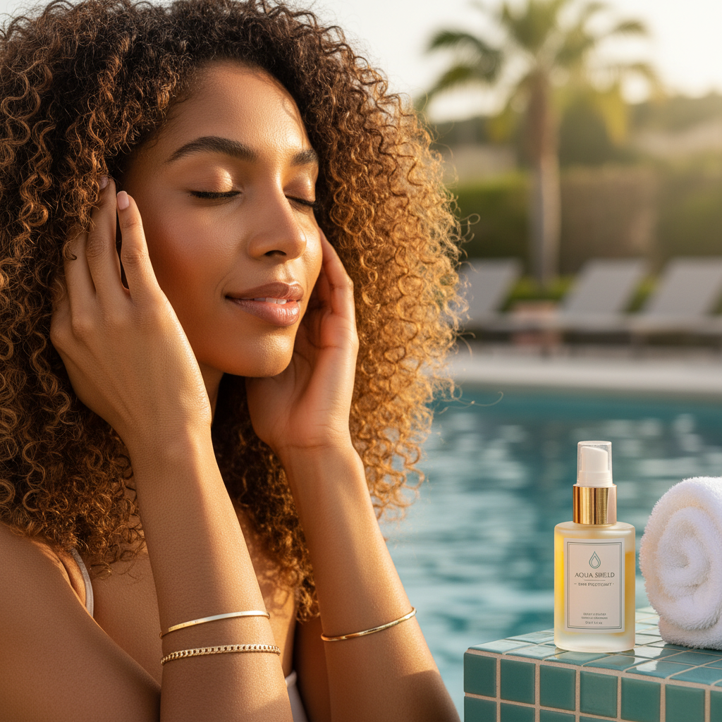 Femme appliquant de l'huile protectrice sur ses cheveux bouclés avant de se baigner