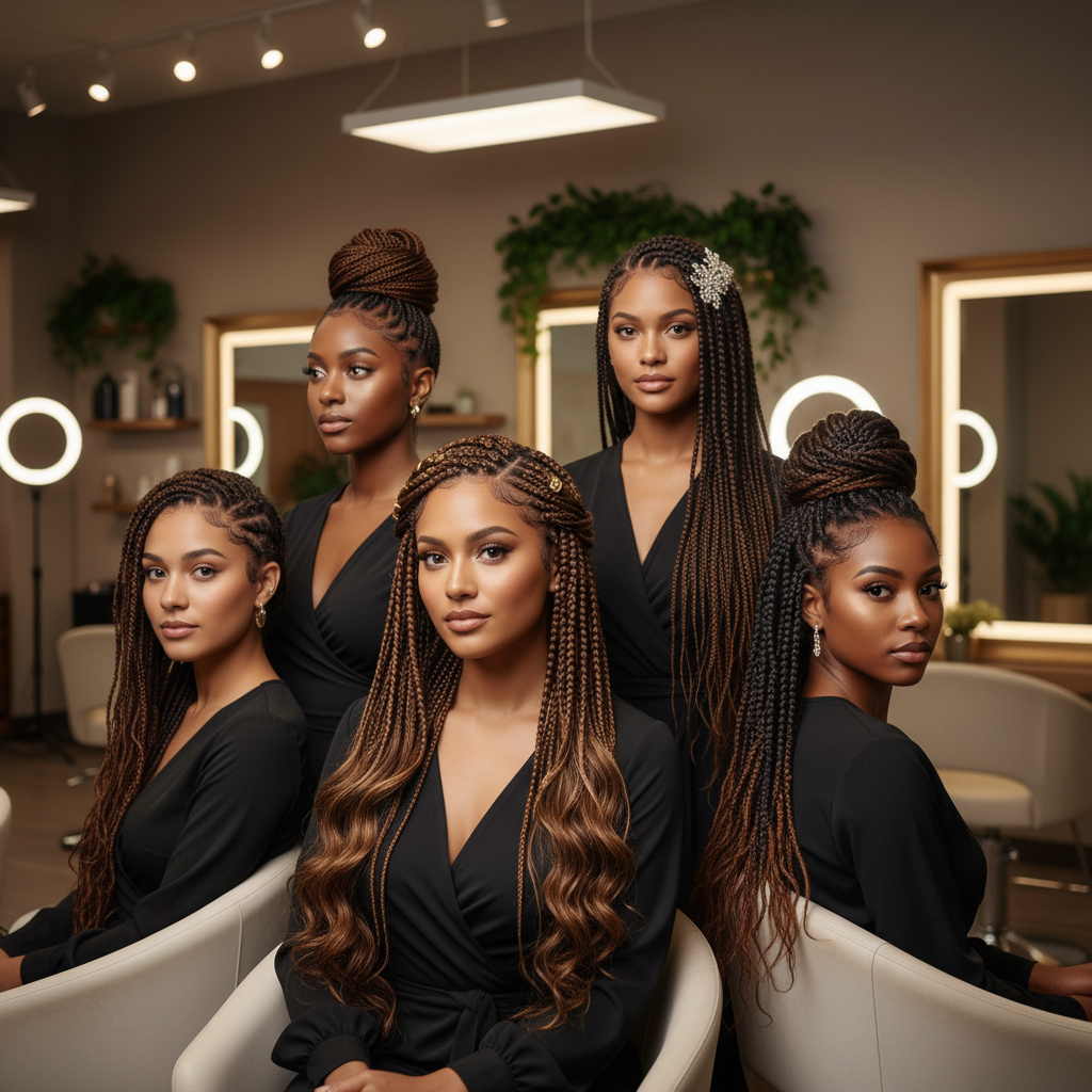 Différentes coiffures protectrices comme tresses et chignons pour cheveux texturés