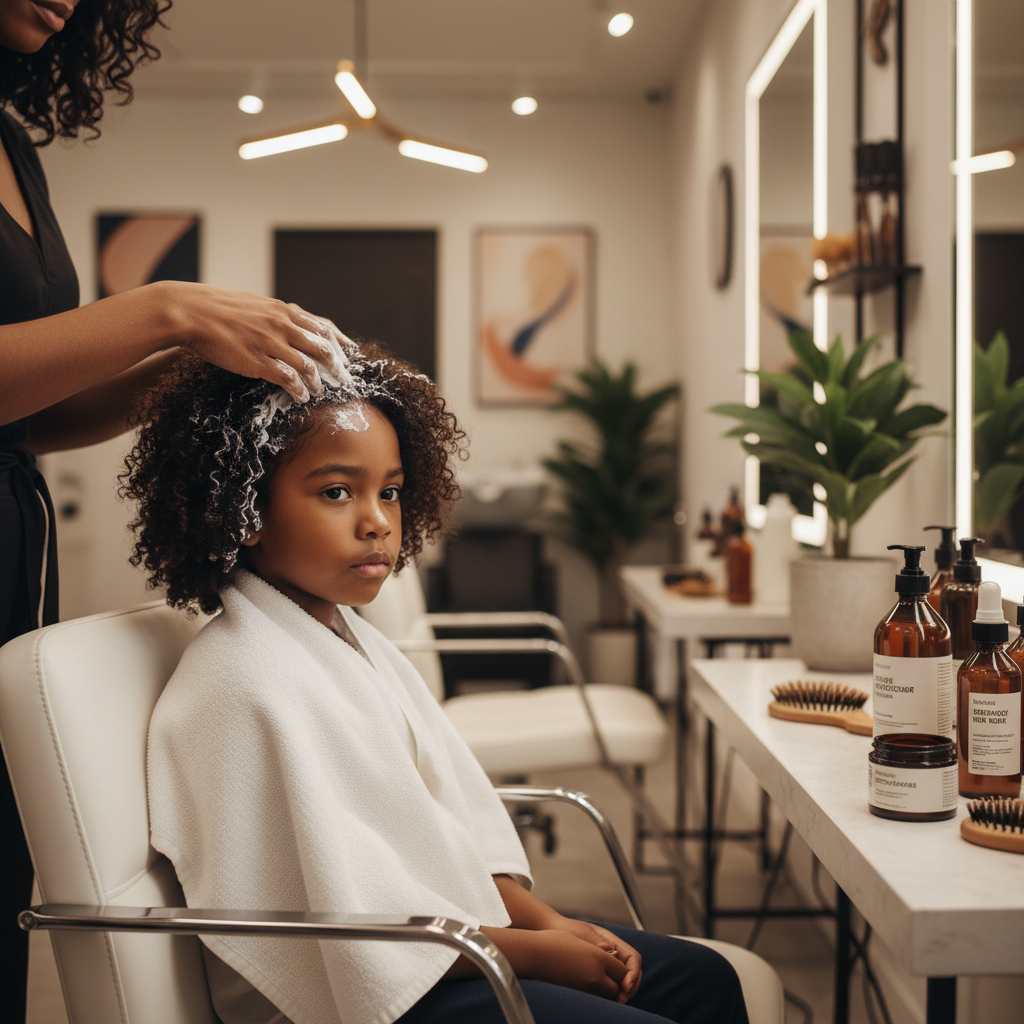 Enfant aux cheveux afro recevant un soin hydratant dans un salon de coiffure