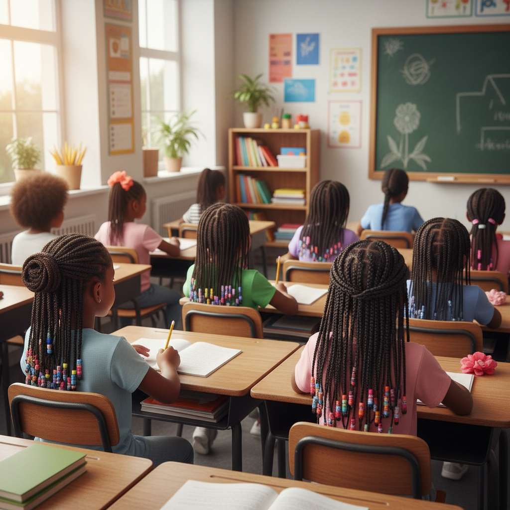 Enfants avec différentes coiffures protectrices dans une salle de classe