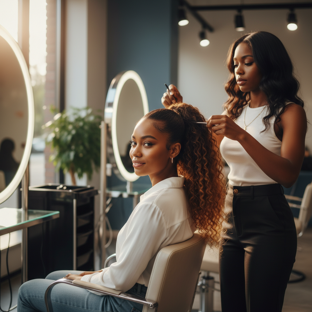 Femme aux cheveux afro coiffée en queue-de-cheval haute dans un salon de coiffure professionnel