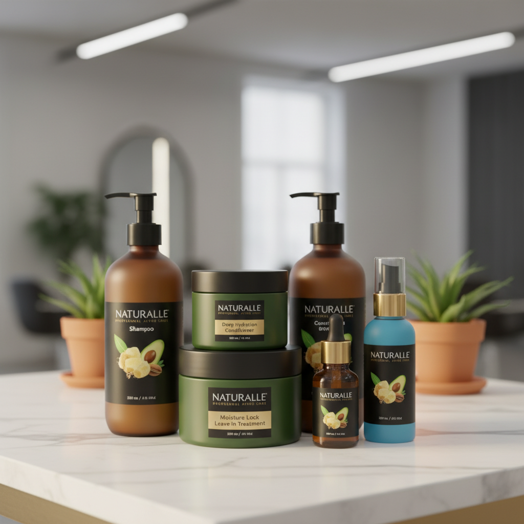Gamme de produits capillaires professionnels pour cheveux afro et texturés disposés dans un salon