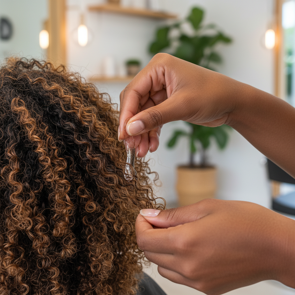 Coiffeuse appliquant du gel d'aloe vera sur des cheveux crépus dans un salon professionnel