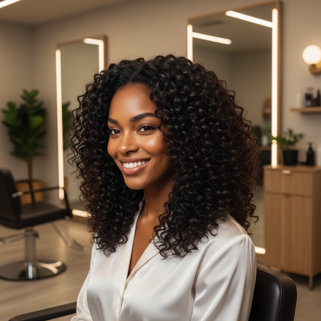 Femme aux cheveux crépus brillants et bien définis après traitement à l'aloe vera