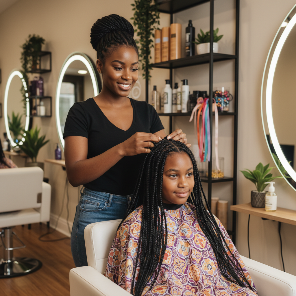 Coiffeuse professionnelle réalisant des tresses protectrices sur une petite fille aux cheveux afro dans un salon de coiffure