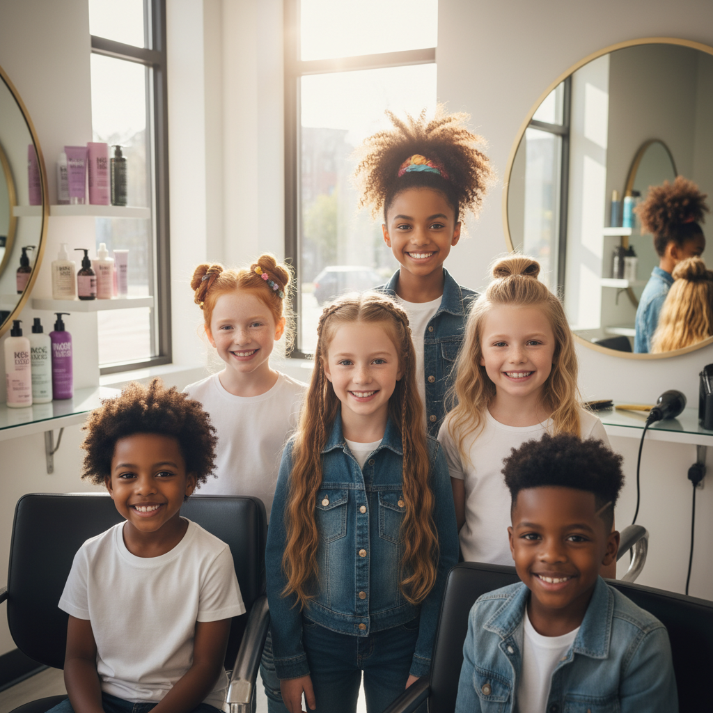 Groupe d'enfants présentant différentes coiffures adaptées à l'école dans un salon de coiffure professionnel